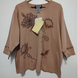 Indigo Moon Beige Embroidered Sequined Long Sleeve Round Neck T-Shirt Size 3X